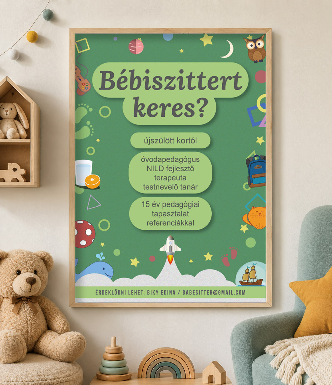 Bébiszitter plakát látványterve gyermekekhez kapcsolódó környezetben