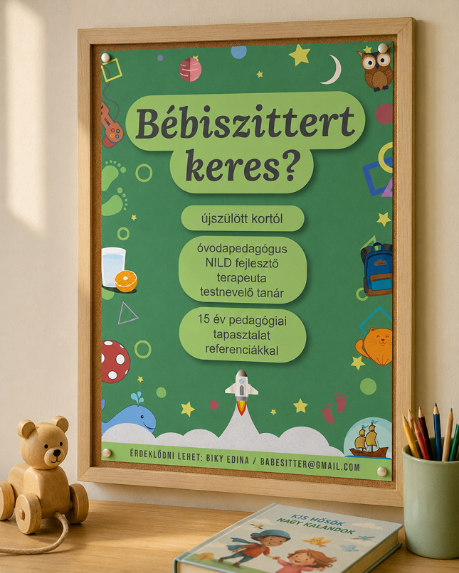 Bébiszitter plakát gyermekbarát, barátságos környezetben